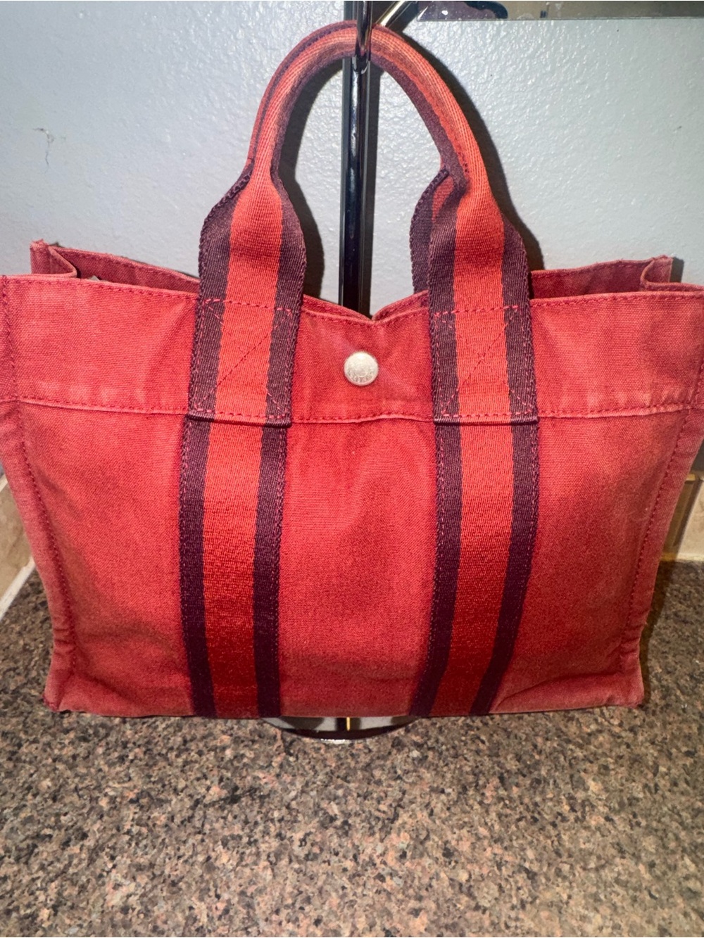 Hermes Red Canvas Tote with Dark Stripe Handles EUC - Picture 2 of 10